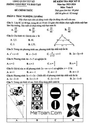 Đề thi học kỳ 2 Toán 8 năm 2023 - 2024 phòng GD&ĐT Tây Hồ - Hà Nội