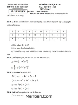 Đề thi học kì 2 Toán 7 năm 2019 - 2020 trường THCS Đồng Đen - TP HCM