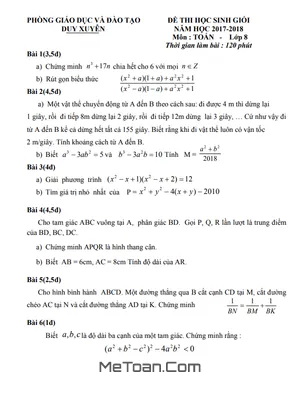 Đề thi HSG Toán 8 năm 2017 - 2018 phòng GD&ĐT Duy Xuyên - Quảng Nam