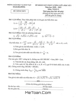 Đề KSCL giữa học kì 1 Toán 9 năm 2020 - 2021 phòng GD&ĐT Hà Đông - Hà Nội
