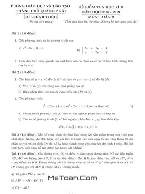Đề thi học kỳ 2 Toán lớp 9 năm 2018 - 2019 phòng GD&ĐT TP Quảng Ngãi