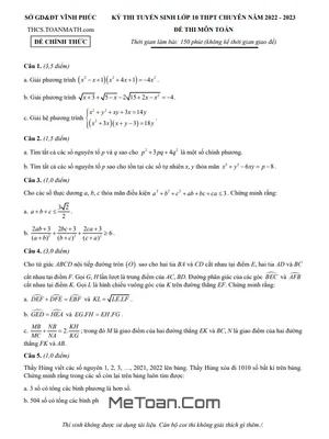 Đề thi Tuyển sinh Lớp 10 Chuyên Toán Sở GD&ĐT Vĩnh Phúc Năm 2022 - 2023