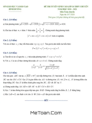 Đề thi vào lớp 10 chuyên Toán Bình Dương năm 2020 - 2021 (có lời giải)
