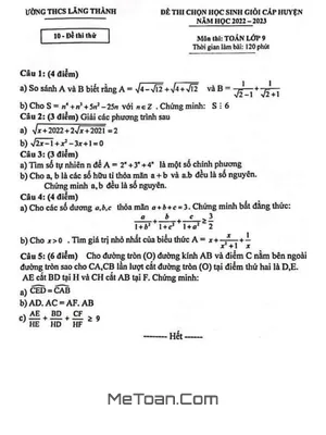 Đề Thi Thử Học Sinh Giỏi Huyện Toán 9 Năm 2022 - 2023 THCS Lăng Thành - Nghệ An