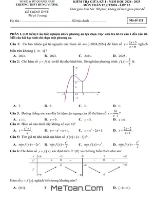 Đề Thi Giữa Kì 1 Toán 12 Năm 2024 - 2025 Trường THPT Hùng Vương - Quảng Nam