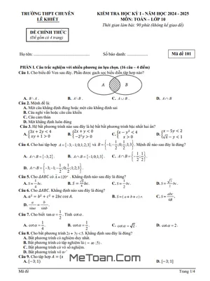 Đề Thi Giữa Kỳ 1 Toán 10 Năm 2024 - 2025 Trường Chuyên Lê Khiết - Quảng Ngãi