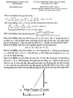 Đề thi chọn học sinh giỏi tỉnh Toán THCS năm 2024 - 2025 sở GD&ĐT Thanh Hóa