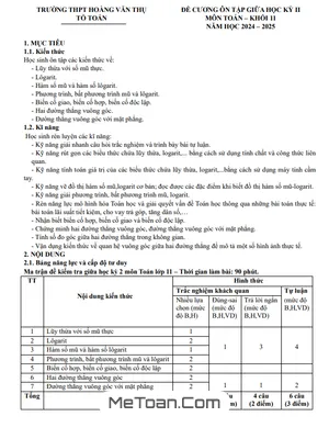 Đề cương giữa học kỳ 2 Toán 11 năm 2024 - 2025 trường THPT Hoàng Văn Thụ - Hà Nội
