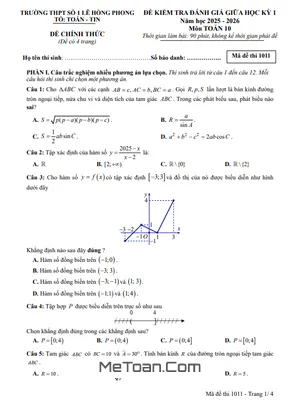 Đề thi giữa kì 1 Toán 10 năm 2025-2026 THPT Lê Hồng Phong 1 Đắk Lắk (Có Đáp Án)