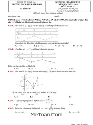 Đề thi giữa kỳ 1 Toán 12 năm 2025 – 2026 trường THCS-THPT Bàu Hàm – Đồng Nai (Có Đáp Án)