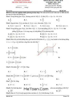 Đề Giữa Học Kì 2 Toán 12 Năm 2024 – 2025 Trường THPT Hàng Hải 1 – Hải Phòng