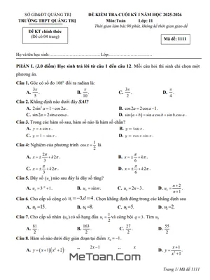 Đề Cuối Kì 1 Toán 11 Năm Học 2025 – 2026 Trường THPT Quảng Trị – Tỉnh Quảng Trị