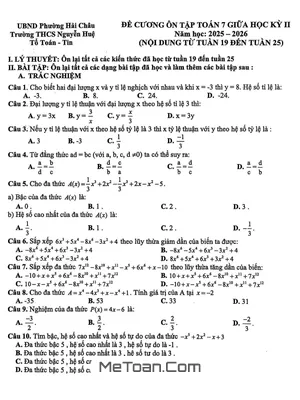 Đề cương giữa học kỳ 2 Toán 7 năm 2025 – 2026 trường THCS Nguyễn Huệ – Đà Nẵng
