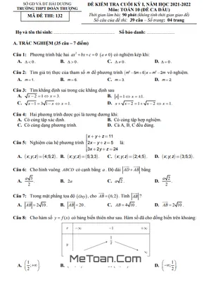 Đề thi học kì 1 Toán 10 năm 2021 - 2022 trường THPT Đoàn Thượng - Hải Dương - Có đáp án
