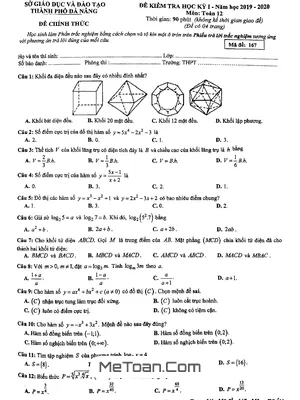 Đề thi học kỳ 1 Toán 12 năm học 2019 - 2020 sở GD&ĐT Đà Nẵng