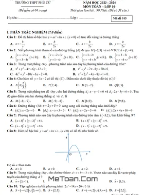 Đề thi giữa kỳ 2 Toán 10 năm 2023 - 2024 trường THPT Phù Cừ - Hưng Yên