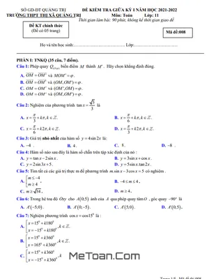 Đề thi giữa kì 1 Toán 11 năm 2021 - 2022 trường THPT Thị xã Quảng Trị