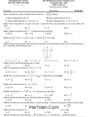 Đề Rèn Kỹ Năng Làm Bài Toán 12 Lần 2 Năm 2022 - 2023 THPT Yên Thế - Bắc Giang