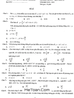 Đề thi và đáp án Toán 12 lần 2 năm 2018-2019 trường THPT Quang Trung - Đống Đa
