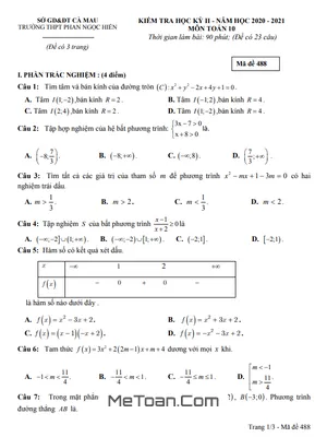 Đề thi học kì 2 Toán 10 năm 2020 - 2021 trường Phan Ngọc Hiển - Cà Mau