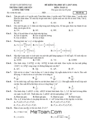 Đề thi HK1 Toán 11 năm học 2017 - 2018 trường THPT chuyên Lương Thế Vinh - Đồng Nai
