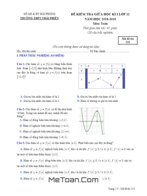 Đề thi giữa học kỳ 1 Toán 12 năm 2018 - 2019 trường THPT Thái Phiên - Hải Phòng