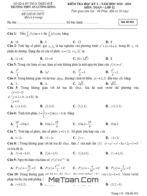 Đề thi HK2 Toán 12 năm 2019 - 2020 trường THPT An Lương Đông - TT Huế (Mã đề 001)