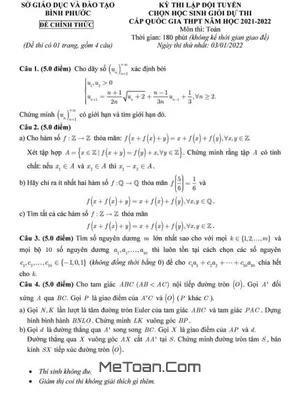 Đề thi chọn học sinh giỏi Quốc gia môn Toán năm 2021-2022 - Sở GD&ĐT Bình Phước