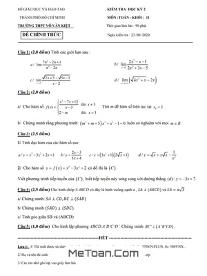 Đề thi học kì 2 môn Toán lớp 11 năm 2019 - 2020 trường THPT Võ Văn Kiệt - TP.HCM