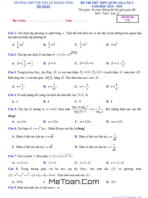 Đề thi thử Toán THPTQG 2019 trường chuyên Lê Thánh Tông – Quảng Nam lần 2