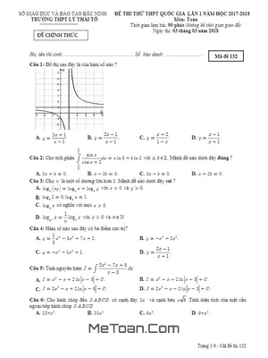 Đề thi thử Toán 2018 THPT Quốc gia lần 1 trường Lý Thái Tổ – Bắc Ninh