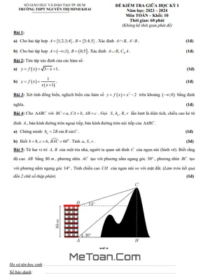 Đề Thi Giữa Kỳ 1 Toán 10 Năm 2023 - 2024 Trường THPT Nguyễn Thị Minh Khai - TP HCM