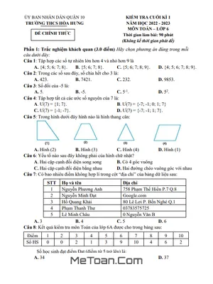 Đề thi học kì 1 Toán lớp 6 năm 2022 - 2023 trường THCS Hòa Hưng - TP.HCM