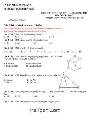 Đề Tham Khảo Học Kỳ 1 Toán 7 Năm 2022 - 2023 Trường THCS Nguyễn Hiền - TP.HCM