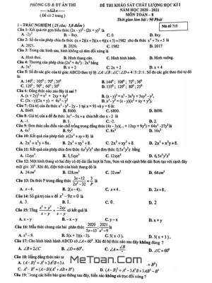 Đề thi học kỳ 1 Toán 8 năm 2020 - 2021 phòng GD&ĐT Ân Thi - Hưng Yên