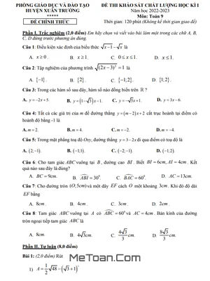 Đề thi học kỳ 1 Toán 9 năm 2022 - 2023 phòng GD&ĐT Xuân Trường - Nam Định