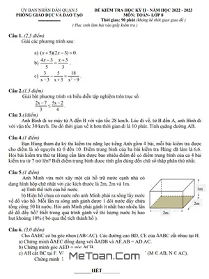 Đề thi học kỳ 2 Toán 8 năm 2022 - 2023 phòng GD&ĐT Quận 5 - TP.HCM