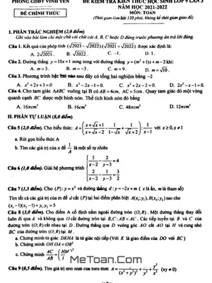 Đề thi Toán lớp 9 lần 3 năm 2021 - 2022 phòng GD&ĐT Vĩnh Yên, Vĩnh Phúc