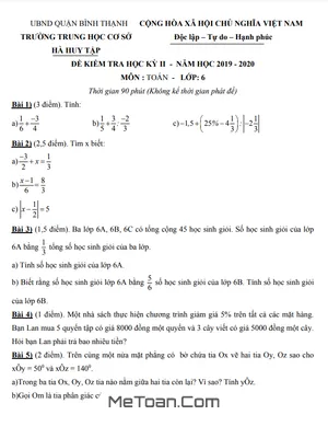 Đề thi học kì 2 Toán lớp 6 năm 2019 - 2020 trường THCS Hà Huy Tập - TP HCM (có đáp án)