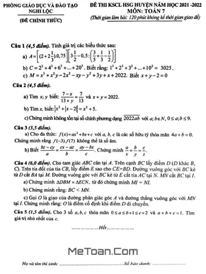 Đề KSCL HSG huyện Toán 7 năm 2021 - 2022 phòng GD&ĐT Nghi Lộc - Nghệ An