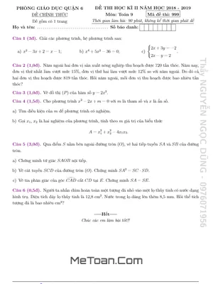 Đề thi HK2 Toán 9 năm 2018 - 2019 phòng GD&ĐT Quận 6 - TP HCM