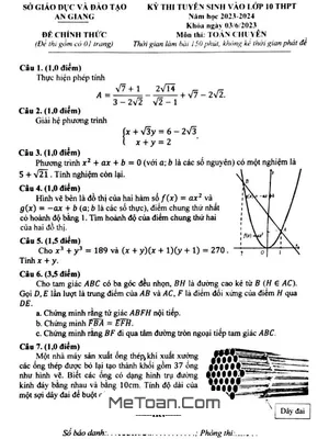 Đề thi Tuyển Sinh Lớp 10 Môn Toán (Chuyên) Sở GD&ĐT An Giang Năm 2023 - 2024