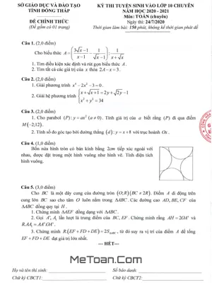 Đề thi tuyển sinh vào lớp 10 môn Toán chuyên năm 2020 - 2021 - Sở GD&ĐT Đồng Tháp