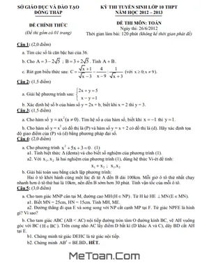 Đề thi tuyển sinh lớp 10 môn Toán năm 2012-2013 - Sở GD&ĐT Đồng Tháp