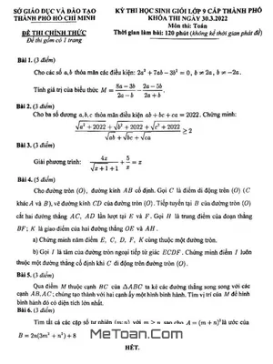Đề thi học sinh giỏi Toán 9 năm 2021 - 2022 Sở GD&ĐT TP. Hồ Chí Minh