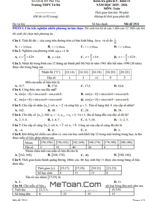 Đề Thi Giữa Học Kỳ 1 Môn Toán Lớp 11 Năm Học 2025-2026 Trường THPT Tử Đà, Phú Thọ (Kèm Đáp Án Chi Tiết)