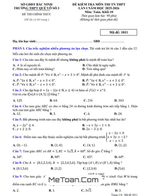 Đề Kiểm Tra Giữa Kỳ 1 Toán 10 Năm 2025 – 2026 THPT Quế Võ 3 – Bắc Ninh (Có Đáp Án)