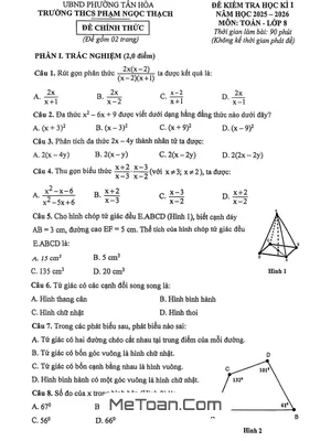 Đề học kì 1 Toán 8 năm 2025 – 2026 trường THCS Phạm Ngọc Thạch – TP HCM