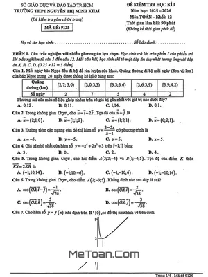 Đề thi học kì 1 Toán 12 năm 2025 – 2026 trường THPT Nguyễn Thị Minh Khai – TP.HCM