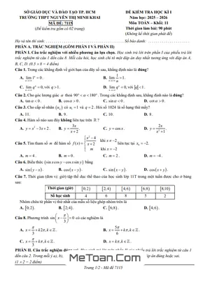 Đề thi học kì 1 Toán 11 năm 2025 – 2026 trường THPT Nguyễn Thị Minh Khai – TP.HCM